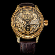 Men's artisan wristwatch with vintage Swiss mechanical movement handcrafted gold-plated case and dial masonic design